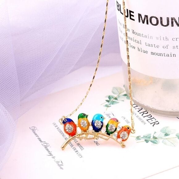 Enamel Bird Flock Crystal Gold Pendant Necklace - Picture 2 of 6